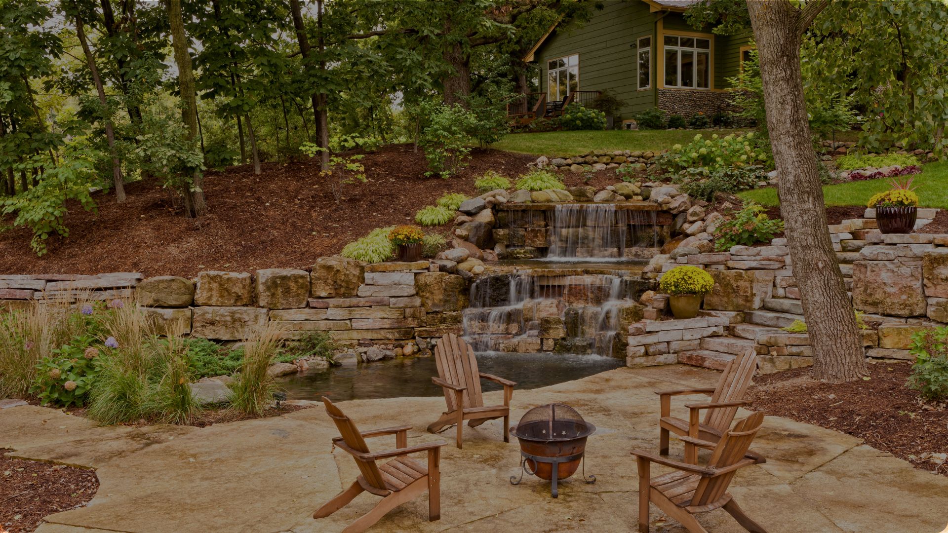 Backyard Patio Seating With Waterfall
